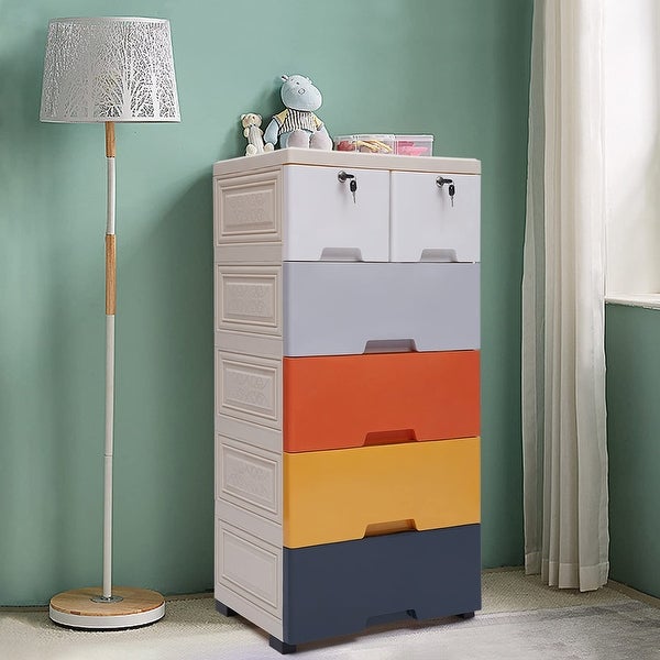 Plastic Drawers Dresser 5 Layer 6 Drawer Storage Cabinet Rounded Corners Tall Dresser Organizer - as picture - - 37668333