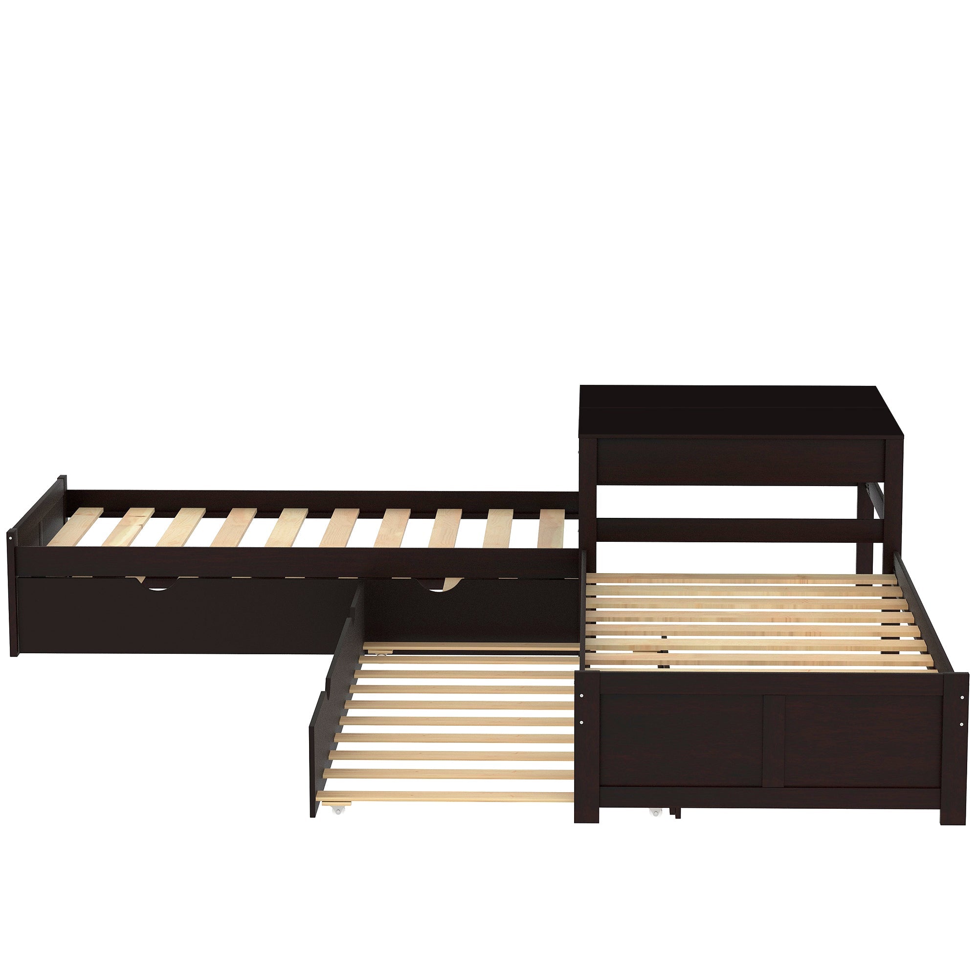 Euroco Twin L-Shaped Platform Bed with Square Table for Kids Bedroom, Espresso