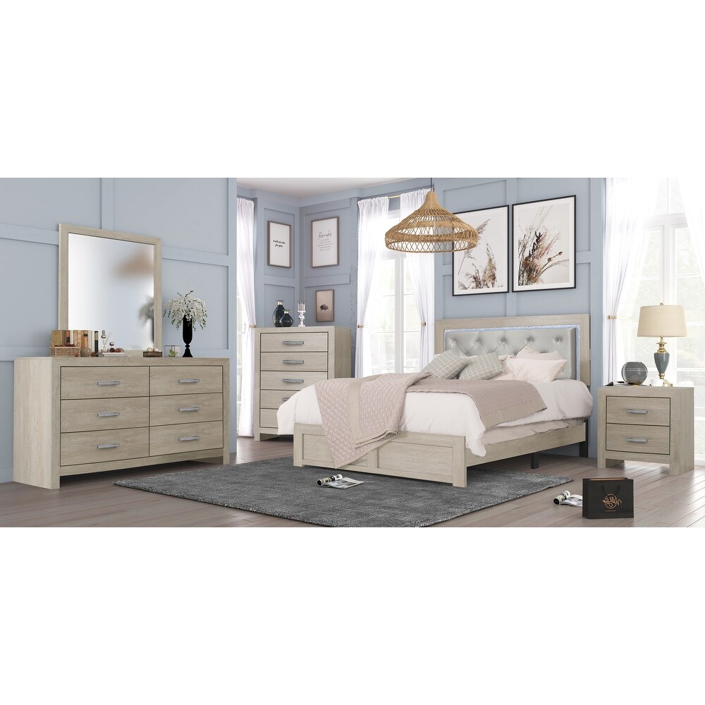 Bernard 5 Piece Cream LED Faux Leather Upholstered Tufted Panel Bedroom Set