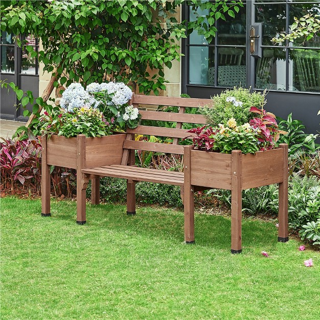 Yaheetech 2 In 1 Outdoor Solid Wood Double bench For Patio Backyard Brown