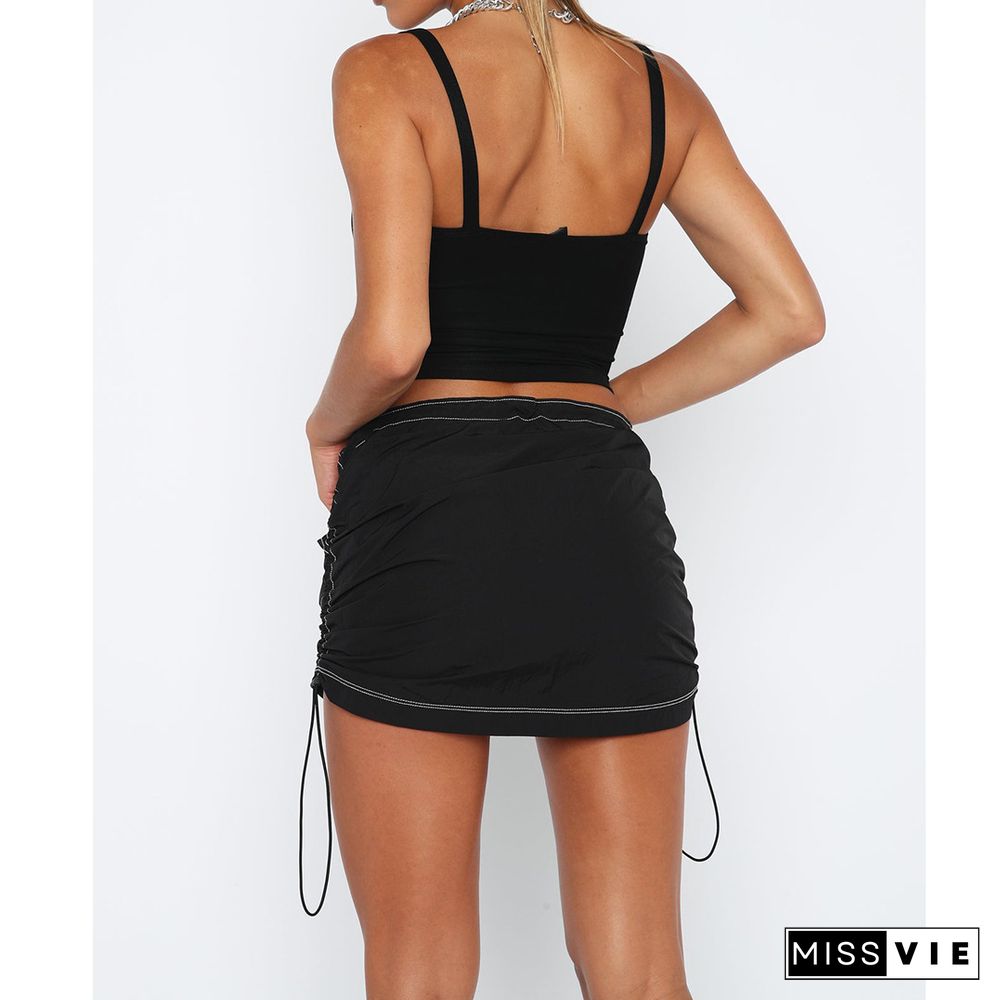 Solid Gathered Elastic Athleisure Pocket Cargo Skirt