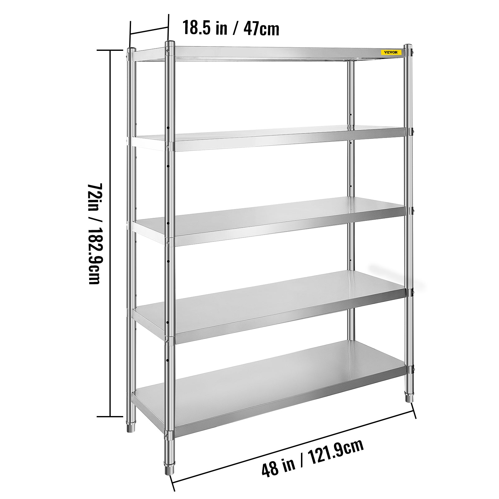 VEVORbrand Stainless Steel Shelving 48x18.5 inch 5 Tier Adjustable Shelf Storage Unit Heavy Duty Shelving for Kitchen Commercial Office Garage Storage 330lb Per Shelf