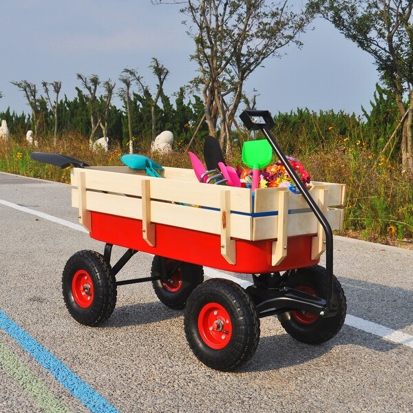 Outdoor Yard Wagon All Terrain Pulling Wood Railing Air Tires Kids Shopping Cart