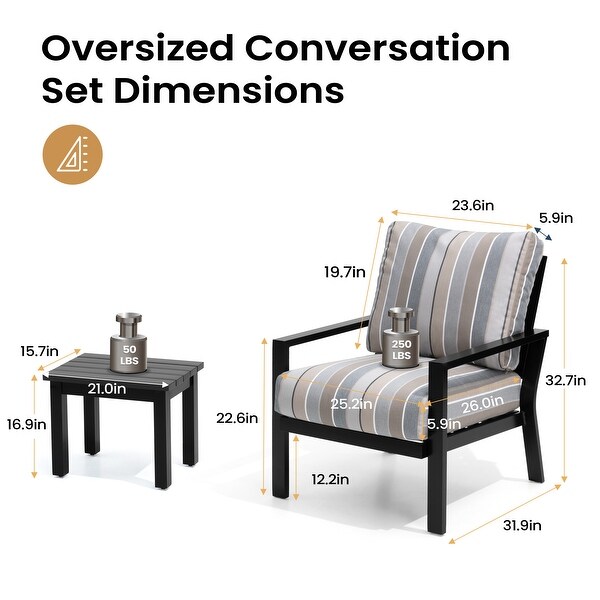 Outdoor 3piece Cushioned Aluminum Patio Furniture Conversation Set，Sunbrella Cushions，Aluminum Side Table