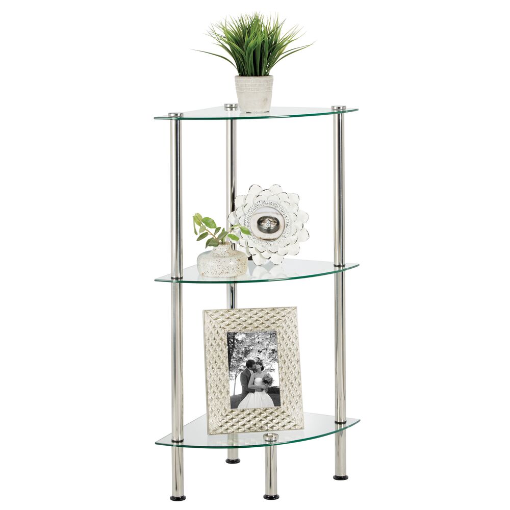 mDesign Bathroom Floor Storage Corner Tower, 3 Tier Open Glass Shelves - Compact Shelving Display Unit - Multi-Use Home Organizer for Bath, Office, Bedroom, Living Room - Clear/Chrome Metal