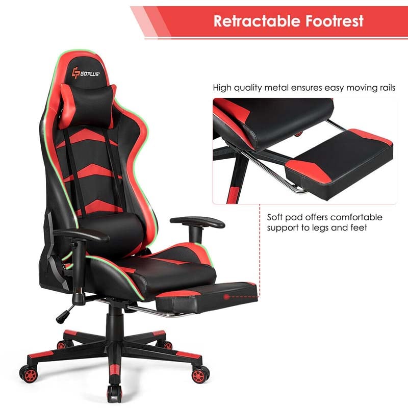 LED Massage Gaming Chair, Height Adjustable Racing Computer Office Chair with Footrest, Ergonomic High Back PU Swivel Game Chair