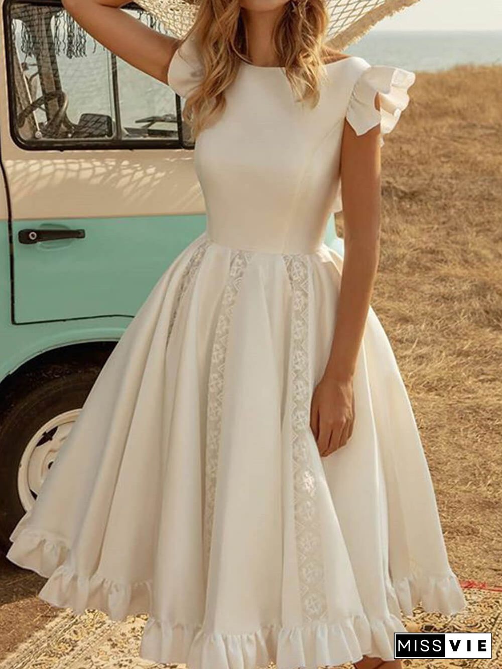 Solid Color Elegant Puff Midi Dress