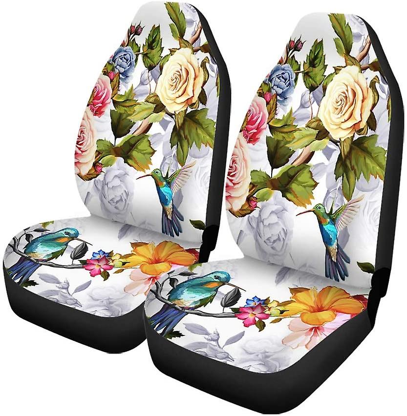 Set Of 2 Car Seat Covers Hummingbirds Yellow Pink Roses Universal Auto Front Seats Protector Fits For Car，suv Sedan，truck