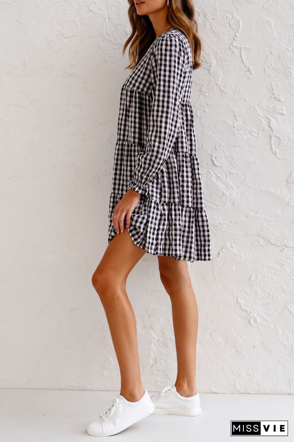 Casual Plaid Split Joint O Neck Cake Skirt Dresses