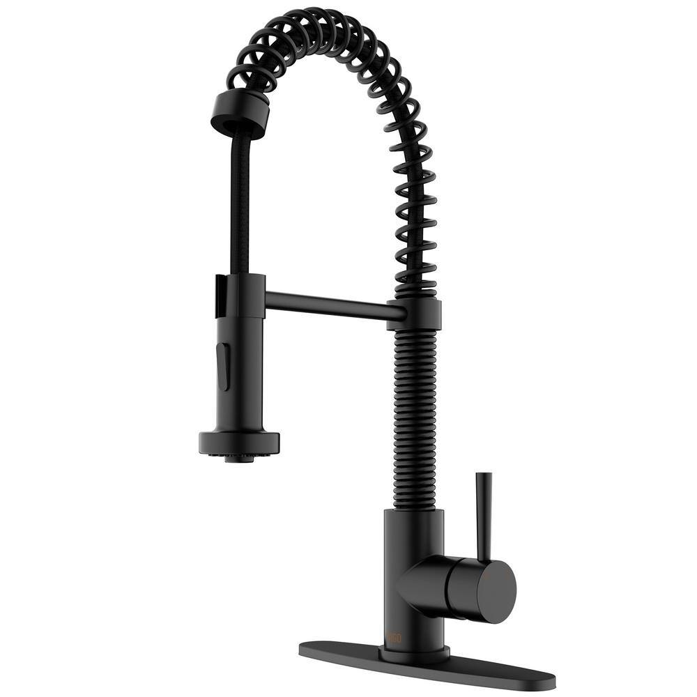 VIGO Edison Single Handle Pull-Down Sprayer Kitchen Faucet Set with Deck Plate in Matte Black VG02001MBK1