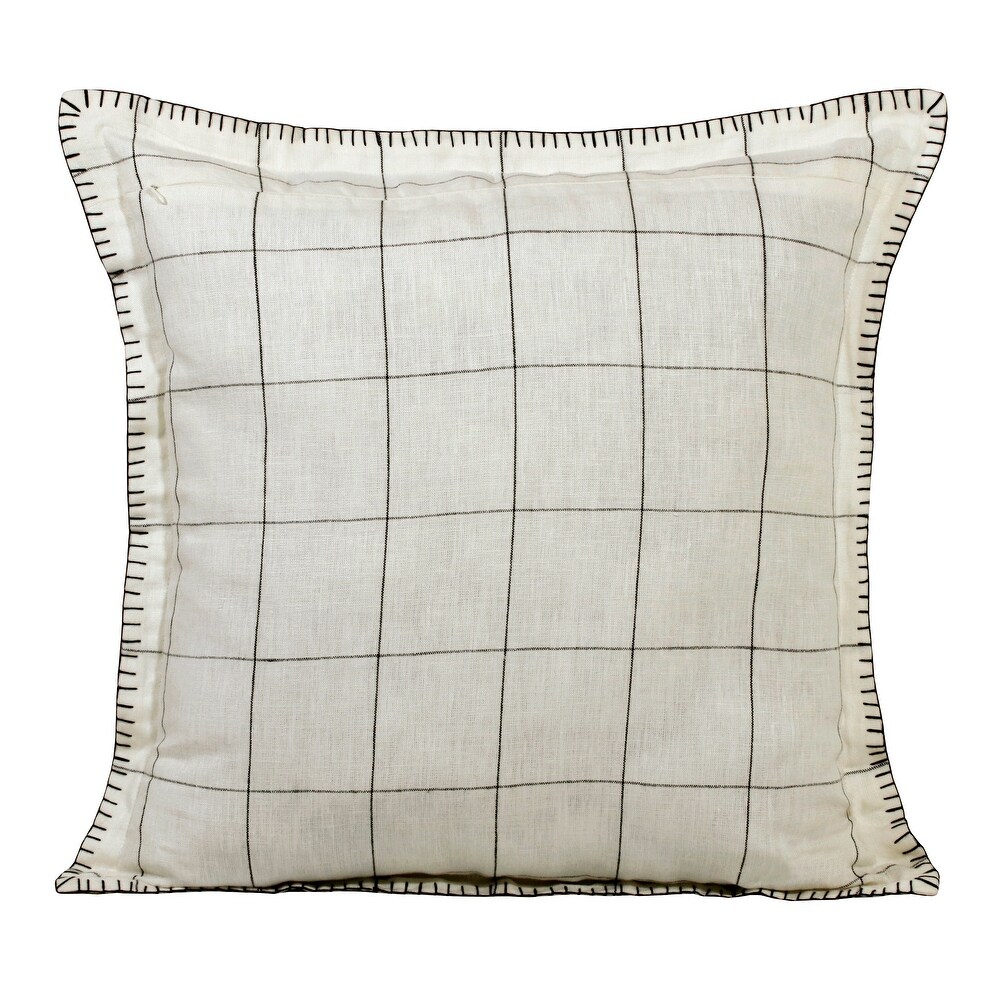 Sevita Hand Woven Ivory/Black Checkered Farmhouse Linen Throw Pillow  20\
