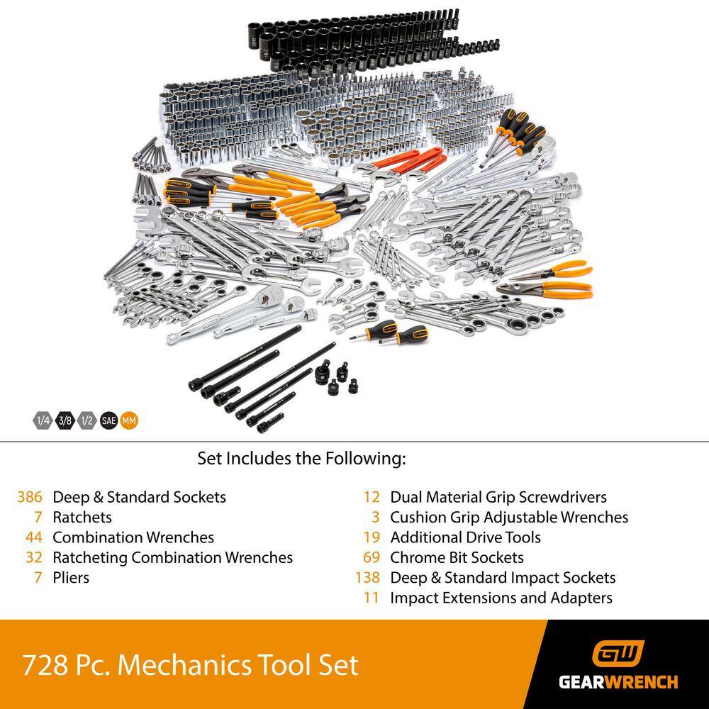 GEARWRENCH 14 in. 38 in. and 12 in. Drive Master Mechanics Tools Set with Impact Sockets (728-Piece) 8905985870CB