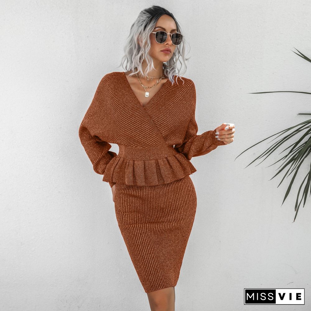 Elegant Black Skirt Sets Women's Autumn And Winter New Fashion Casual V Neck Ruffled Knitted Sweater Skirt Two-piece Suit