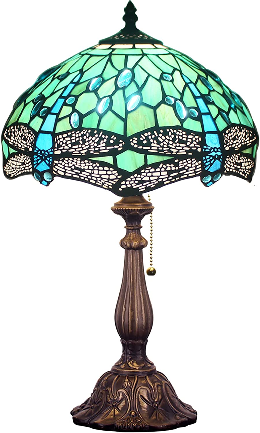 SHADY  Lamp W12H19 Inch Green Stained Glass Dragonfly Style Table Reading Lamp Nightstand Bedside Desk Light Decor Living Room Bedroom Home Office Work Study Pull Chain Switch