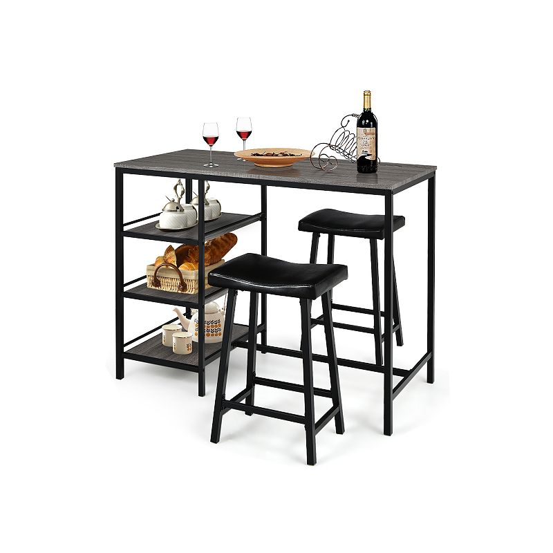 3 Pieces Counter Height Dining Bar Table Set With 2 Stools And 3 Storage Shelves