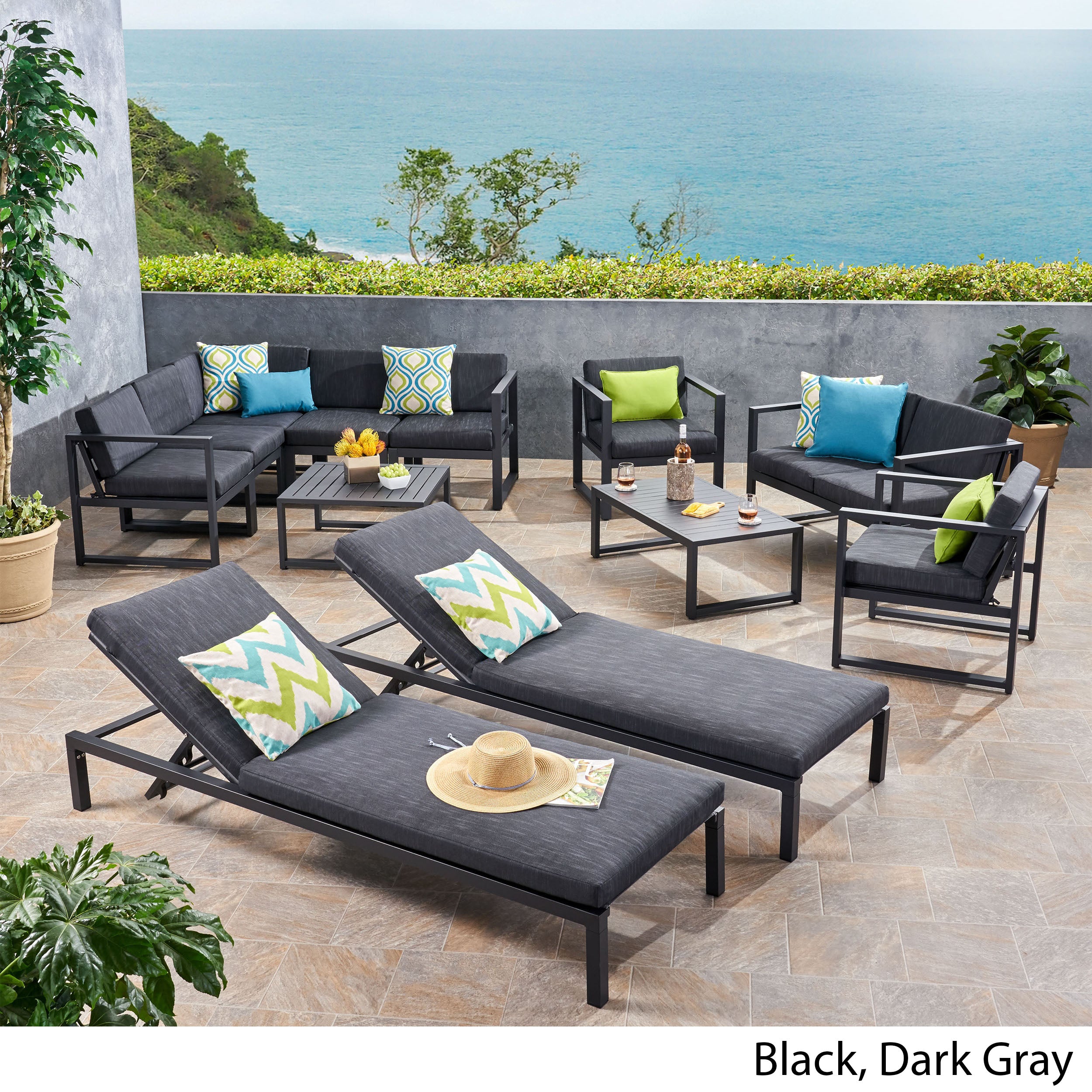 Nealie Outdoor 9 Seater Aluminum Sectional Sofa Set with Mesh Chaise Lounges