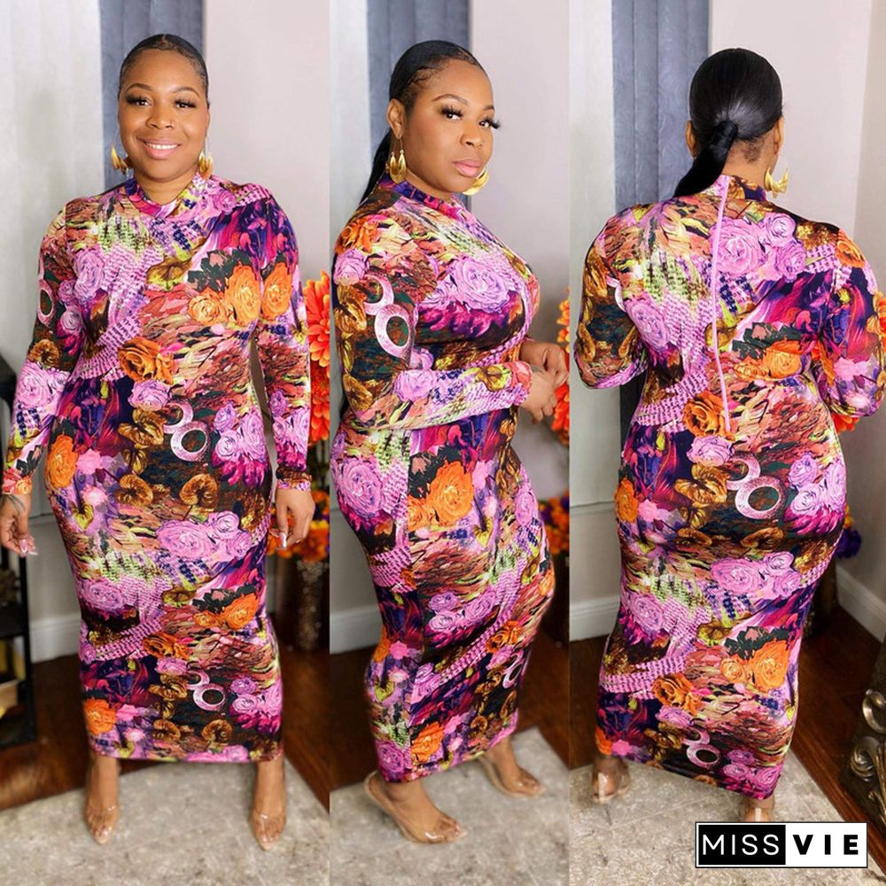 High Waist Print Long Sleeve O Neck Plus Size Dress