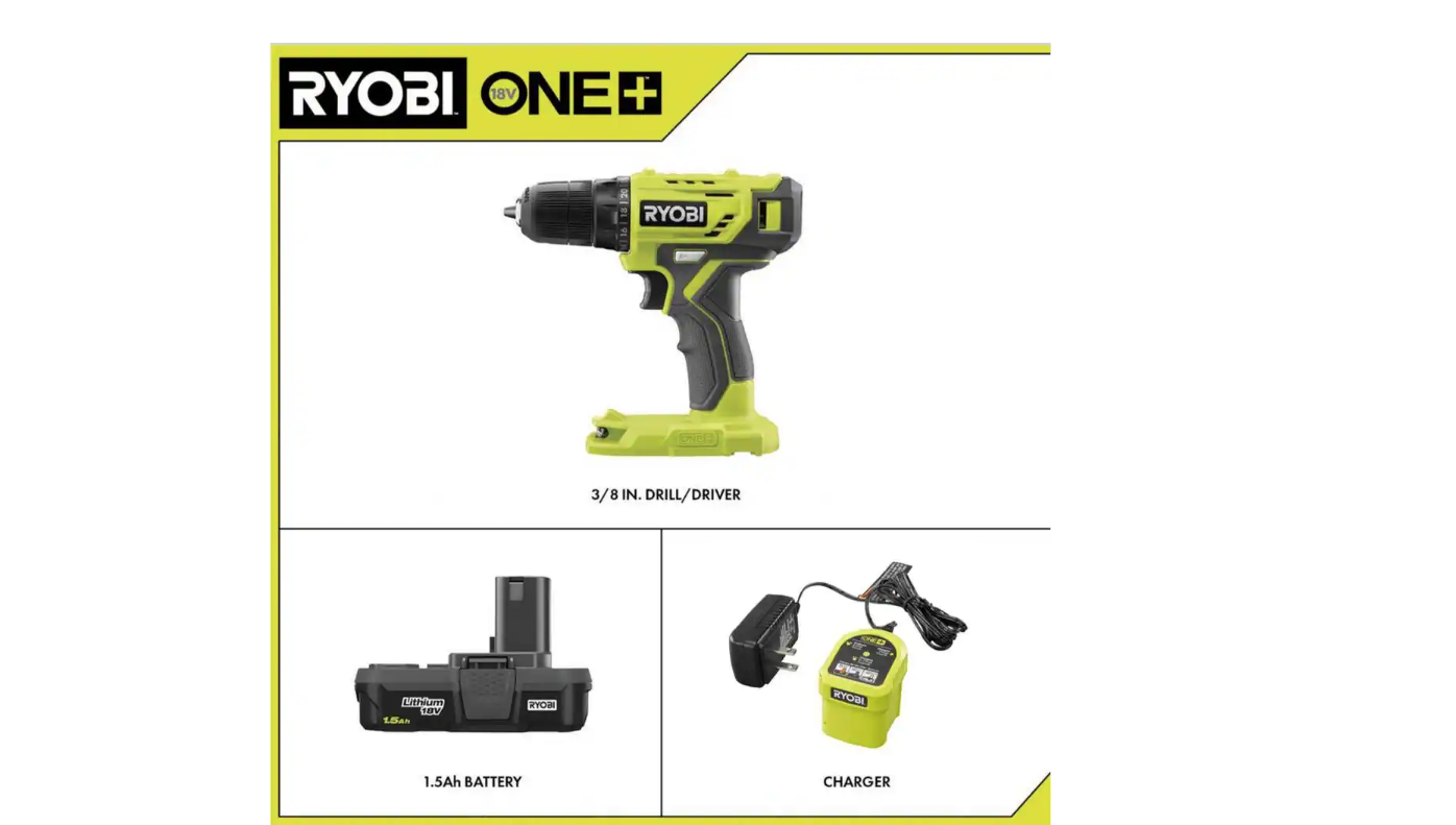 RYOBI PDD209K ONE+ 18V Cordless 3/8 in. Drill/Driver Kit with 1.5 Ah Battery and Charger