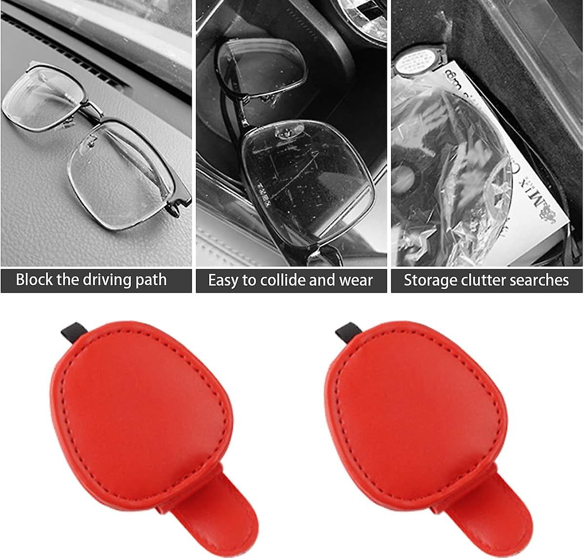 2 Pcs Sunglass Holder For Car， Magnetic Leather Eyeglass Mount Ticket Card Clip， Universal Car Visor Organizer Interior Accessories (red)