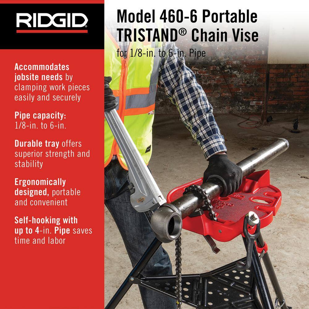 RIDGID 18 in. to 6 in. Pipe Capacity Portable TriStand Chain Vise with Integral Folding Legs  Tool Tray Model 460-A 36273