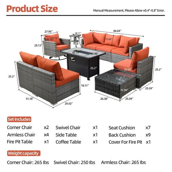 HOOOWOOO 10piece Patio Wicker Furniture Sectional Sofa Set Swivel Rocker with Fire Pit Table