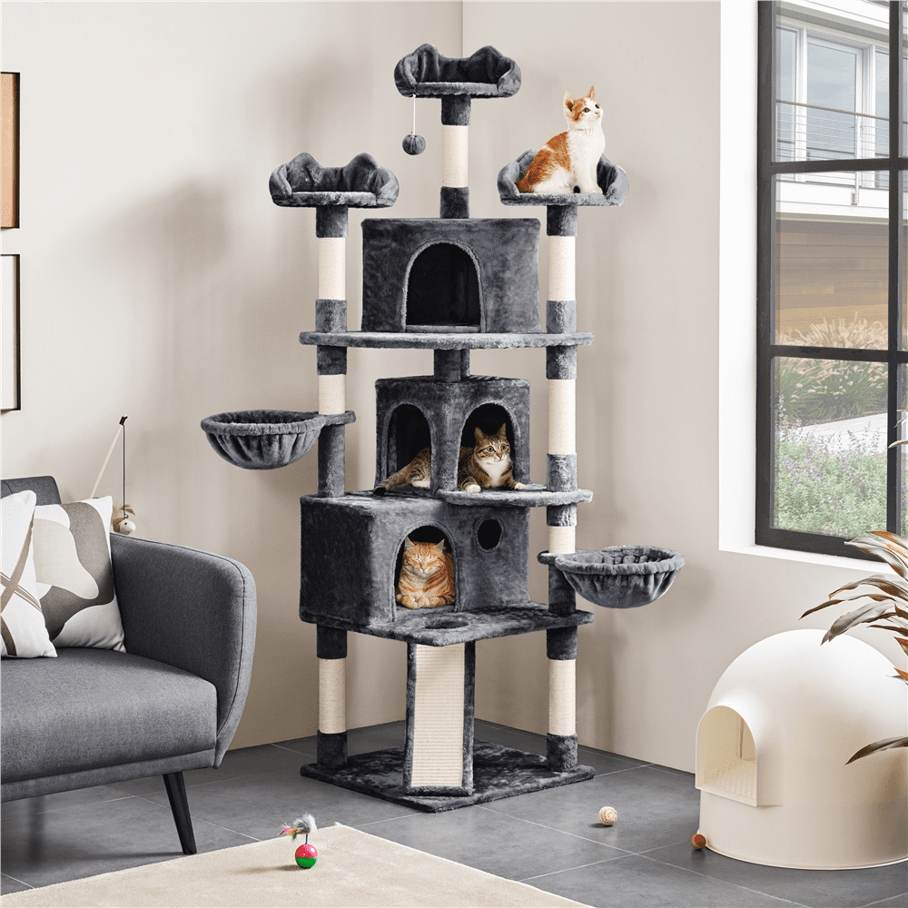 Easyfashion 76.5inch Large Cat Tree Tower with 3 Condos， Dark Gray