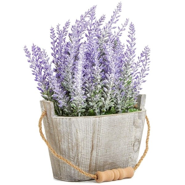 Artificial Lavender Fake Flower Plant in Rustic Oval Wooden Box for Decorations