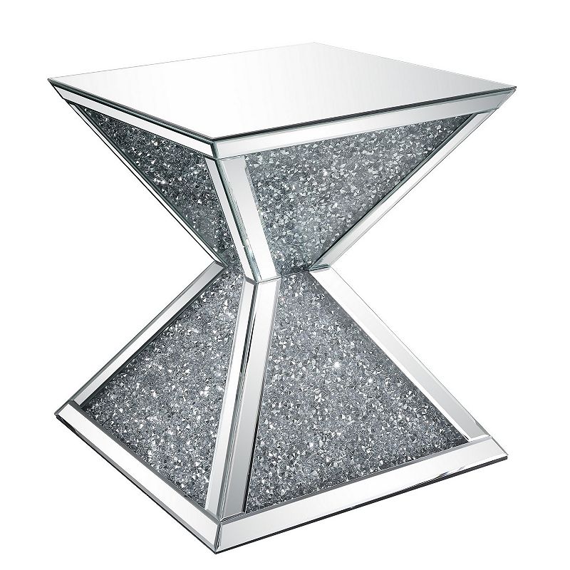 Sparkling End Table with Faux Diamonds Inlay ， Silver and Clear