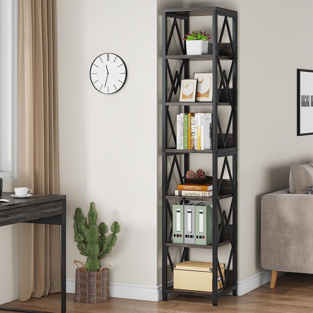 75 Inches Tall Narrow Bookcase with Heavy Duty Metal Frame