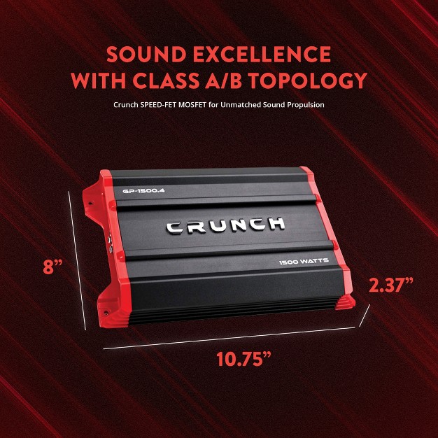 Crunch 1 500 Watt Ground Pounder Car Amplifier With Adjustable 12 Decibel Crossovers And Stereo Or Bridged Mono Operation Gp 1500 4 Black red