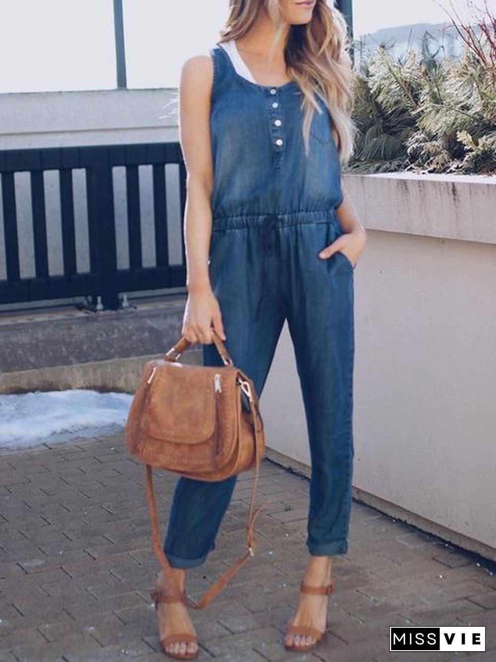 Slim Sleeveless Waistband Denim Jumpsuit