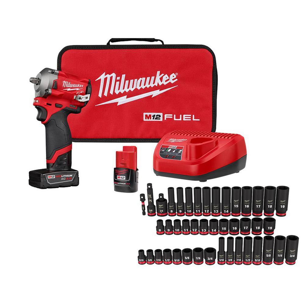 MW M12 FUEL 12V Brushless Cordless Stubby 38 in. Impact Wrench Kit with 38 in. Drive SAEMetric Socket Set (43-Piece) 2554-22-49-66-7009