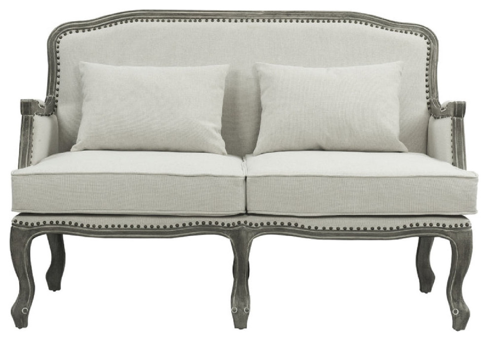 Benzara BM276243 56 quotSofa  Nailhead Trim  Box Cushion  Fabric  Cream/Brown   French Country   Sofas   by Uber Bazaar  Houzz