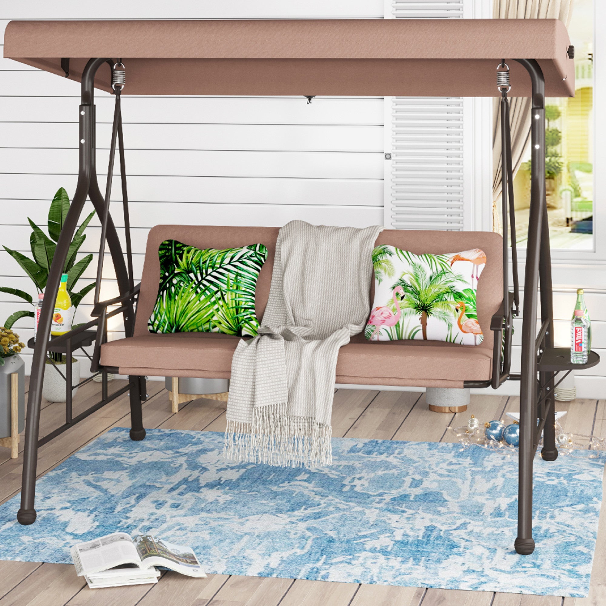 Sophia & William 3-Seat Outdoor Converting Canopy Swing Glider Patio Hammock with Foldable Side Table - Beige