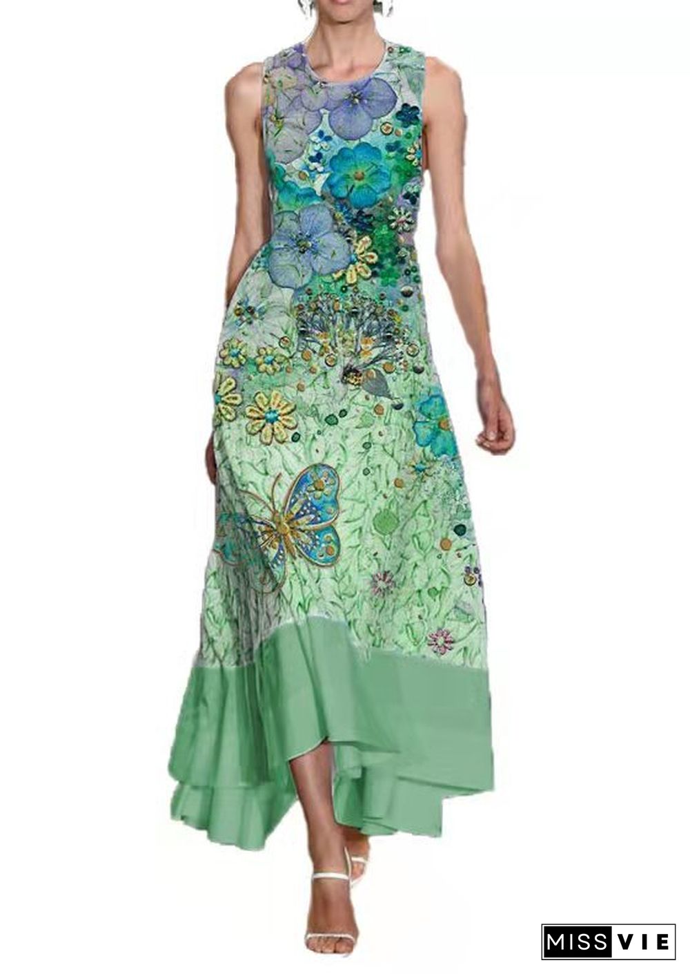 Women's Sleeveless Long Skirt Floral Stitching Printed Pocket Round Neck Dress