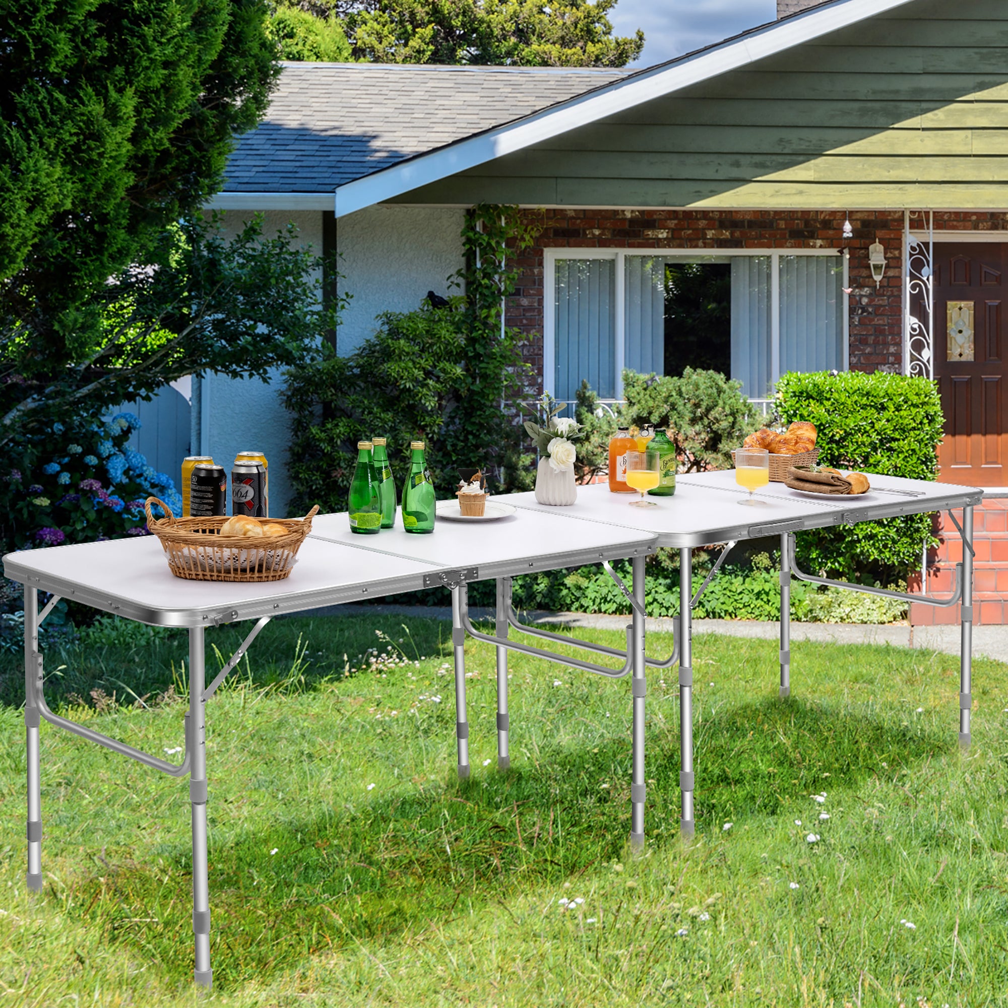 Costway 2PCS Folding Tables 8FT Height Adjustable Aluminum Picnic Table w/ Carrying Handle