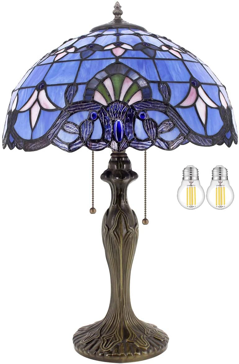 GEDUBIUBOO  Lamp Blue Purple Stained Glass Baroque Table Lamp Lavender Style Bedside Desk Light Metal Base 16X16X24 Inches Decor Bedroom Living Room  Office S003C Series