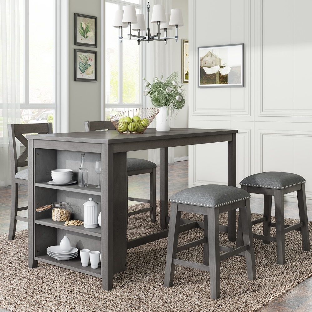 Rustic 5 Pieces Counter Height Dining Table Set Gray Wooden Bar Table Set with 3 Tier Storage Shelf  2 Stools and 2 Chairs