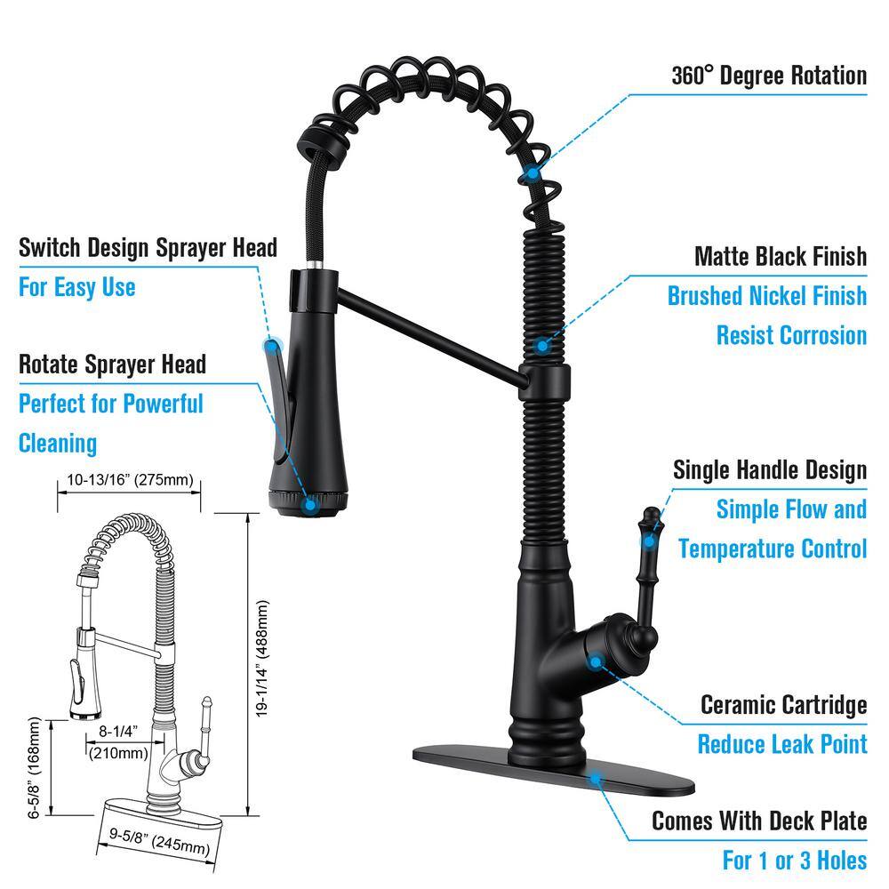 ELLOALLO Single Handle Pull Down Sprayer Kitchen Faucet with Deckplate Included and 4 Spray in Matte Black EKF-BR-816