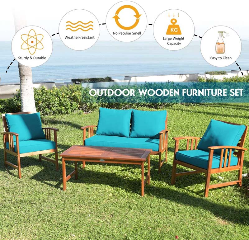 4 Pcs Acacia Wood Patio Furniture Set Outdoor Sofa Chair Conversation Set with Seat & Back Cushions