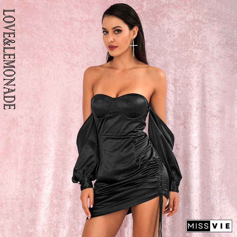 Sexy Black Off-The-Shoulder Tube Top Loose Sleeves Smocked Tiestring Bodycon Mini Party Dress LM81972