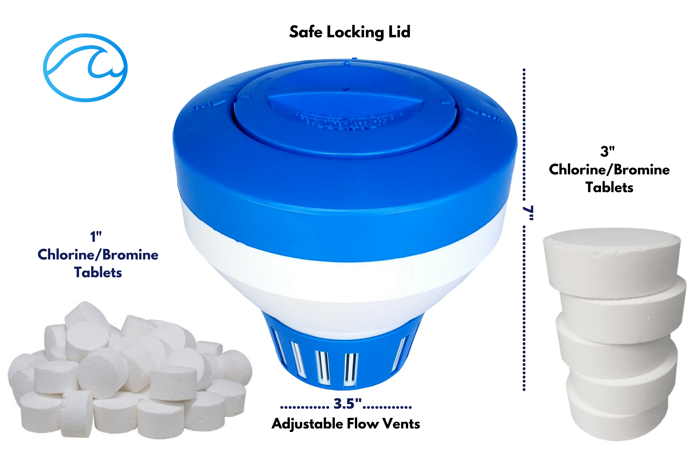 Floating Chlorinator for Chlorine Tablets 3 inch, Blue and White Thick Plastic Chlorine Dispenser