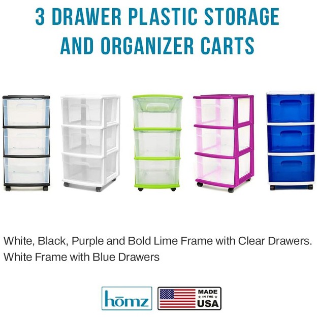 Homz Clear Plastic 3 Drawer Medium Home Organization Storage Container Tower With 3 Large Drawers And Removeable Caster Wheels Purple Frame 2 Pack