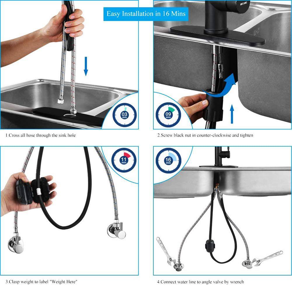 ruiling Modern Single-Handle Pull-Down Sprayer Kitchen Faucet with Lead-free in Stainless Steel Matte Black ATK-103-1