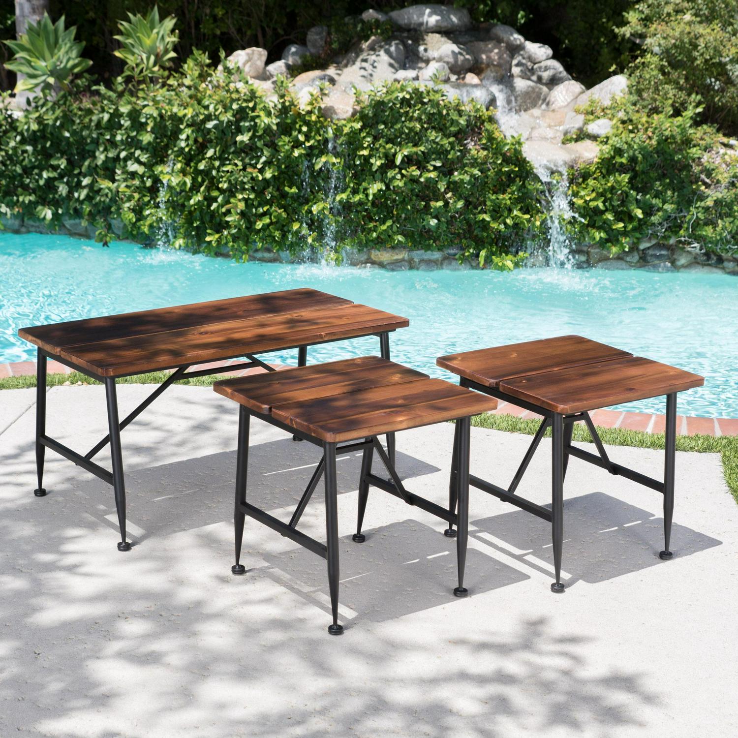 Cascada Outdoor Industrial Acacia Wood Coffee and Accent Table Set with Iron Accents， Set of 3 Tables， Antique Finish， Black