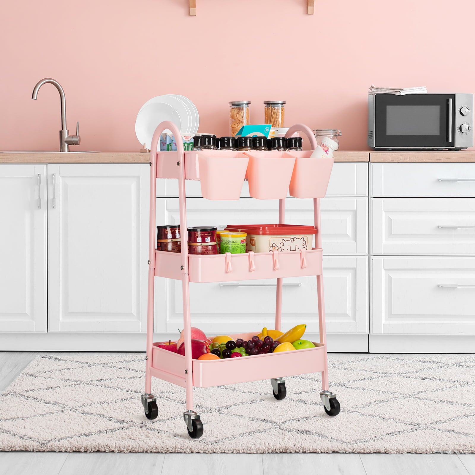 3-Tier Metal Rolling Utility Storage Cart with Lockable Wheels and Ergonomic Handles and Hanging Cups， Multifuctional Trolley Cart for Sitting Room， Bathroom， Kitchen， Study， Pink