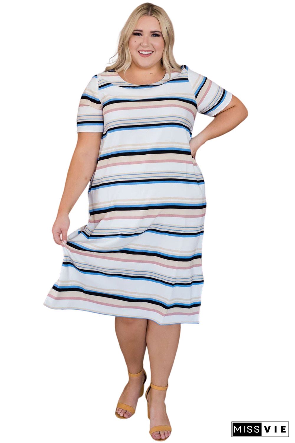 Striped Print Splits Short Sleeve Plus Size Midi Dress