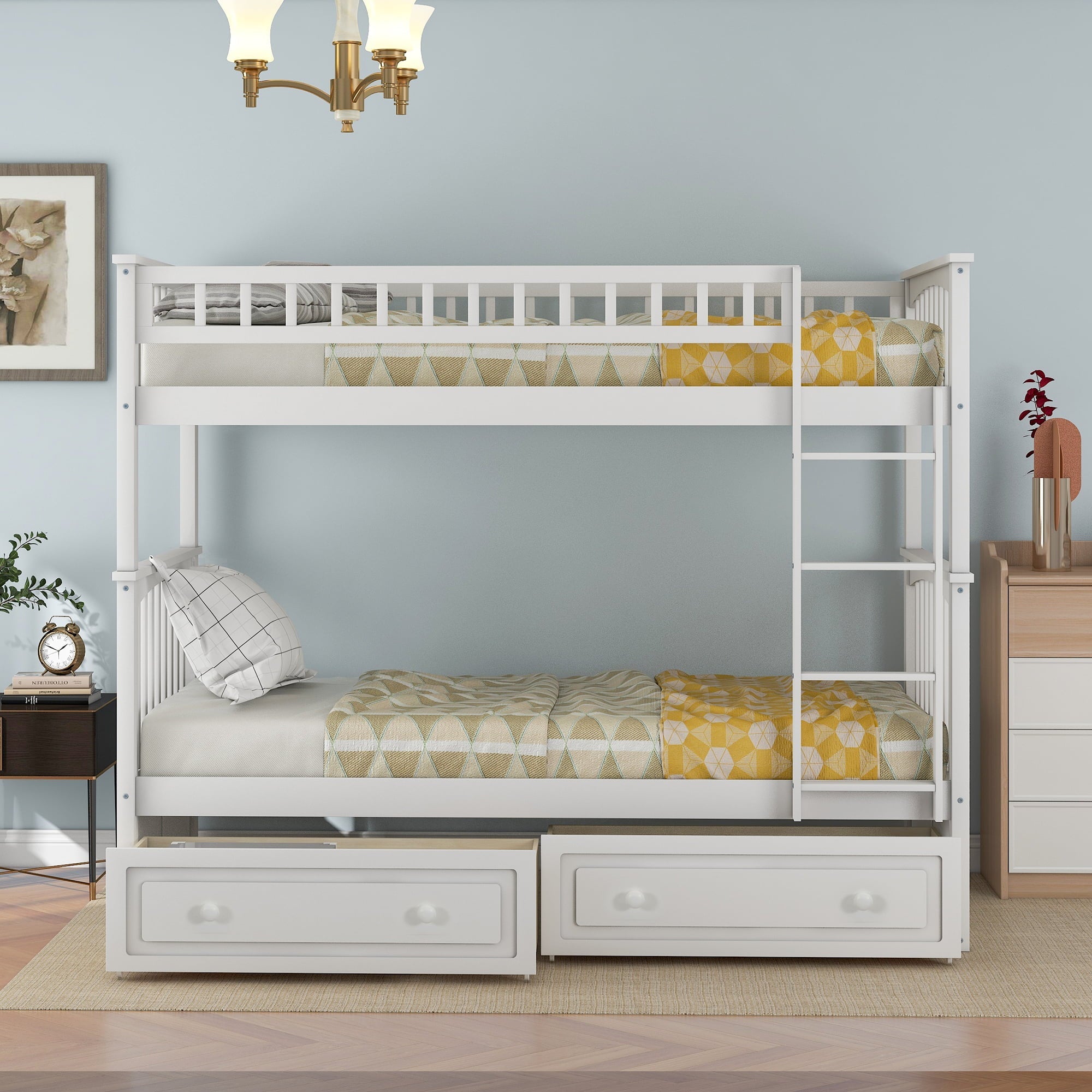 Euroco Twin Wood Bunk Bed with Drawers for Kids' Bedroom, White