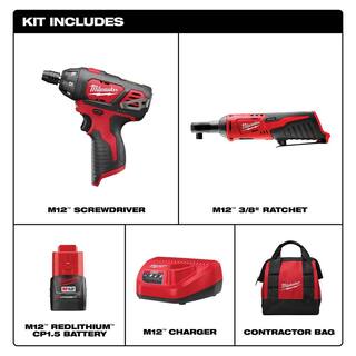 MW M12 12V Lithium-Ion Cordless 38 in. Ratchet and Screwdriver Combo Kit (2-Tool) with Battery Charger Tool Bag 2401-21R