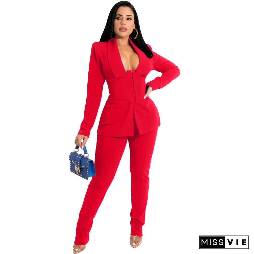 Solid Blazers with Girdle Corset and Pants Suit